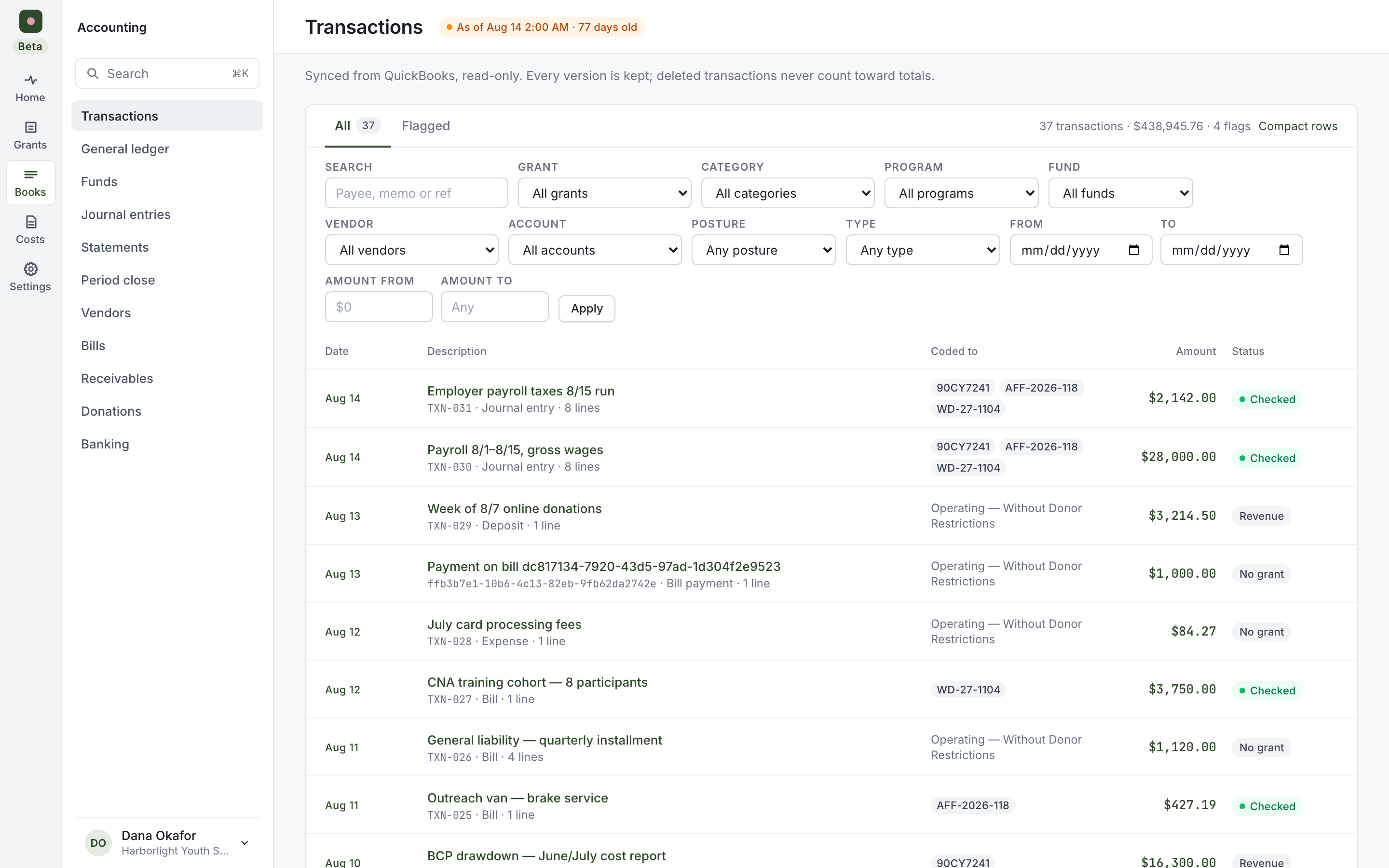 ClearFund transactions register synced from QuickBooks